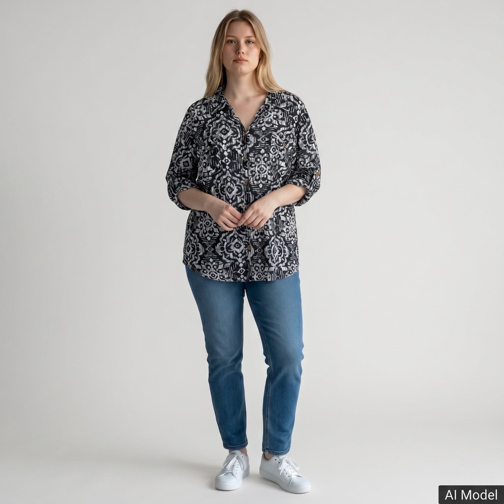 Croft & Barrow Button Down Shirt Women 3X Black White Ikat Roll Tab Cotton Top